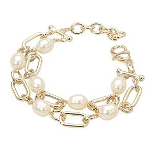 Elegant 14K Gold Plated Double Strand Pearl Chain Bracelet Toggle Closure